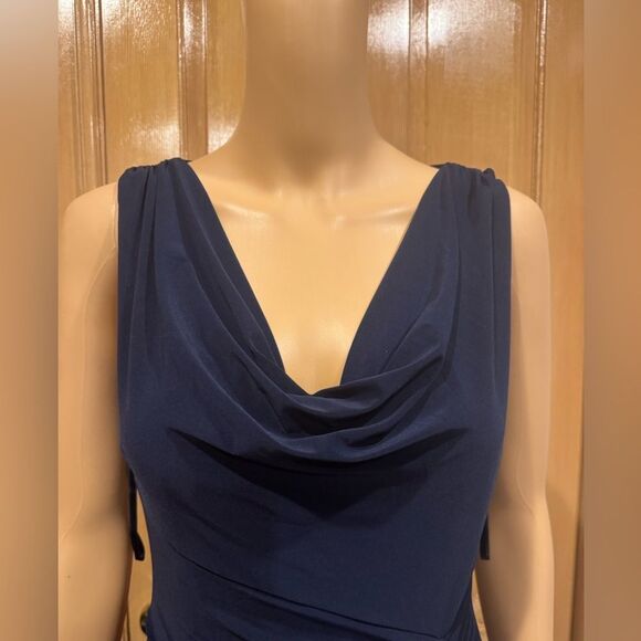Lauren Ralph Lauren Evening Navy Blue Cowl Neck Ruched Gown w/ Leg Slit Sz 6 - Picture 2 of 9